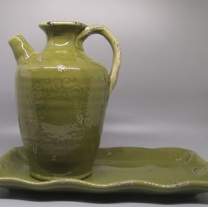 Roma Antica Jug & Platter Handpainted distressed EST. 1812 Reproduc. Green NWOT